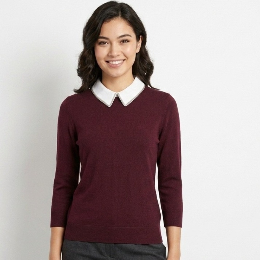 Feminine Preppy Ted Baker London Burgundy Embellished Collar Sweater Size 2